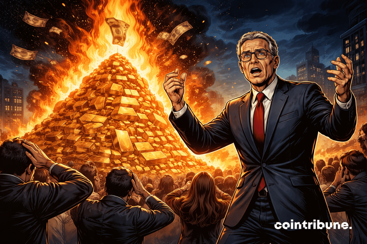 Scott Bessent stands before a crowd, in front of a burning pile of gold bars.
