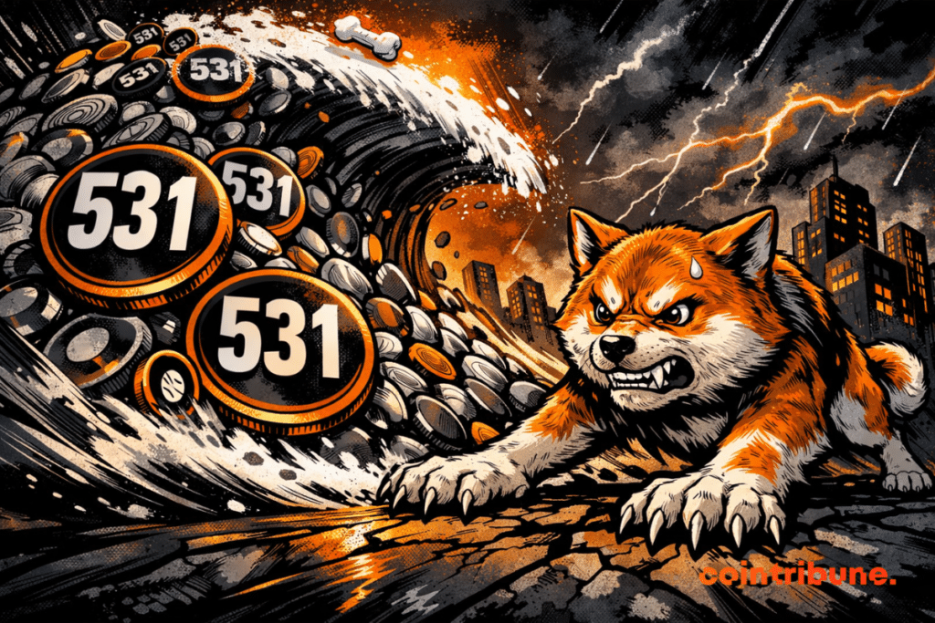 An anthropomorphic Shiba Inu braces against a massive wave of “531” tokens crashing toward him under a stormy orange-lit city skyline.