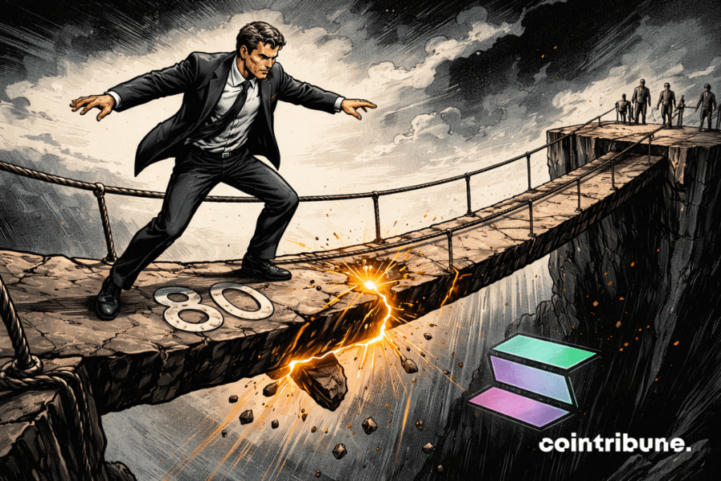 A Solana investor walks across a narrow bridge marked 80. The bridge cracks beneath his feet.