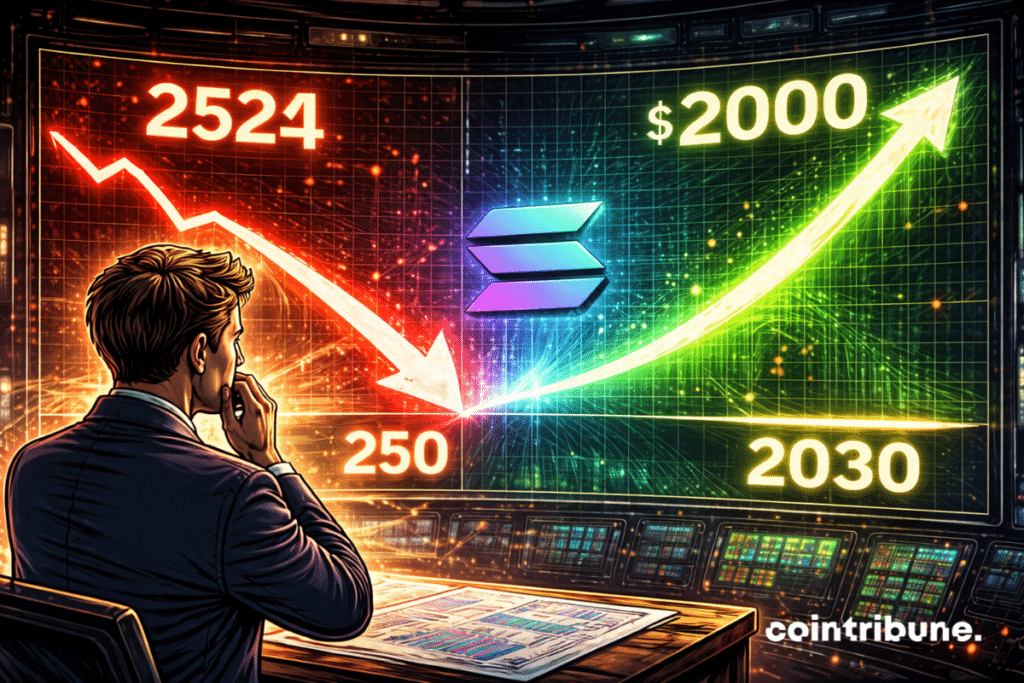 Um analista bancário do Standard Chartered observa duas curvas temporais: uma caindo até US$ 250 (2026) e outra subindo até US$ 2.000 (2030).