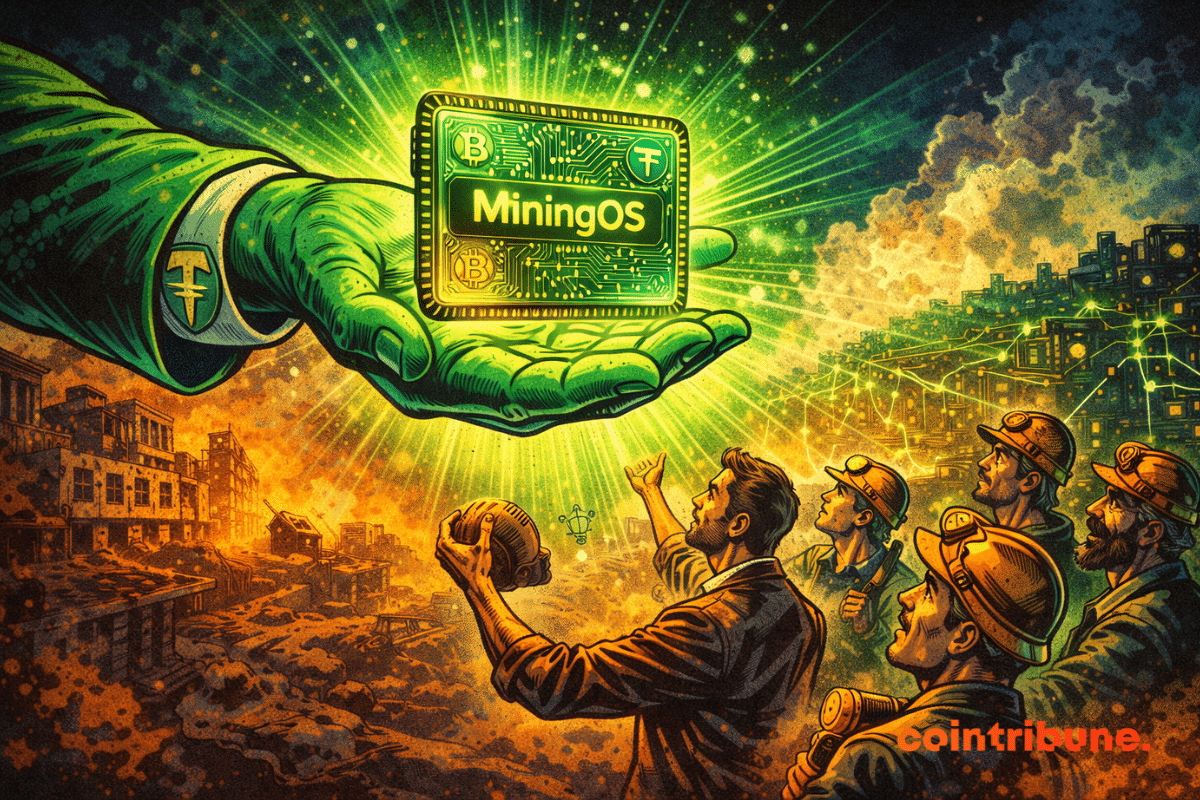 Une main géante verte tend MiningOS à des mineurs émerveillés, face à une usine en ruine baignée de lumière verte.