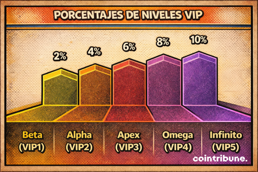 Porcentajes de cashback de los niveles VIP Bybit de Beta a Infinite, con progresión de 2 % a 10 %.