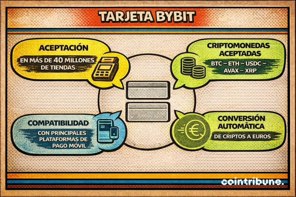 La tarjeta Bybit con aceptación mundial, compatibilidad con pago móvil, conversión automática de criptos a euros y las principales criptos soportadas.