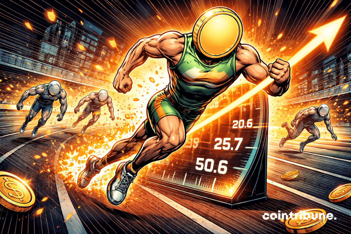 A powerful comic-style runner with a coin-shaped head sprints ahead on a track, surrounded by orange energy, motion lines, and rising numeric gauges as rival runners lag behind.
