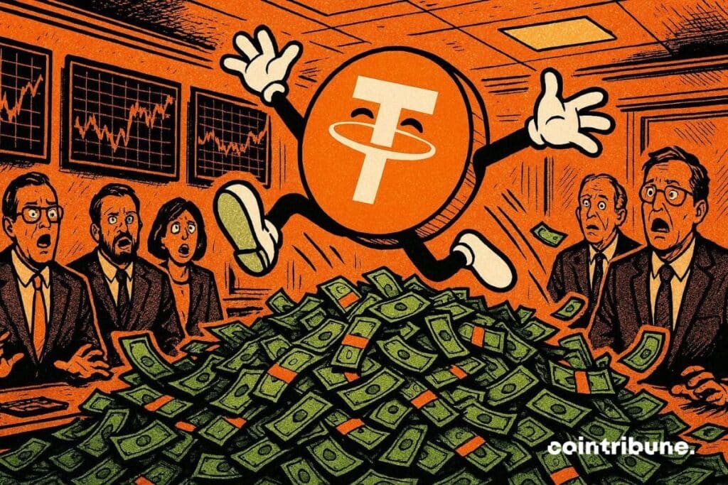Tether se encuentra felizmente sentado sobre una pila de dinero en un intercambio de cripto.