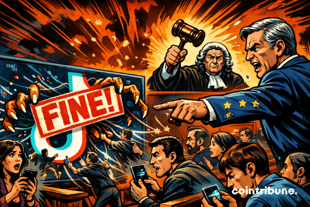 Une scène dramatique au tribunal : un fonctionnaire de l'UE désigne du doigt un logo TikTok lumineux, sous le regard tendu des spectateurs.