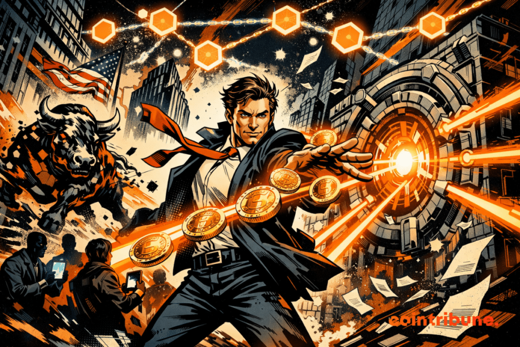 Un financier au style BD injecte des actions tokenisées dans un coffre-fort DeFi flamboyant