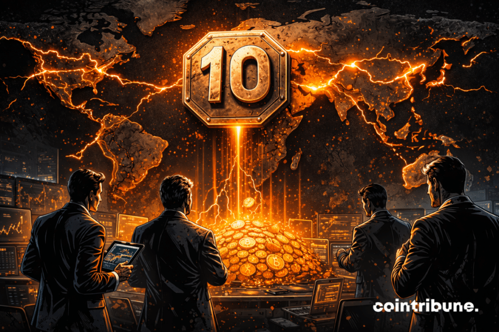 Des traders observent des graphiques. Au centre, une plaque métallique flottante avec le chiffre 10, entourée de lignes commerciales brisées, ce qui symbolise l’d’annonce une taxe douanière mondiale de 10 % de Trump à la suite de la décision de la Cour suprême.