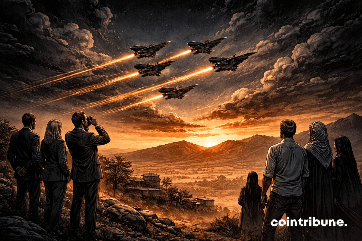 Sous un ciel nocturne dramatique, des silhouettes d’avions militaires, ce qui symbolise la volonté de Trump de mener des frappes ciblées sur l’Iran.