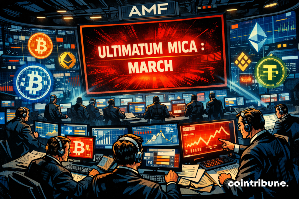 Una sala de control futurista con reguladores que supervisan datos criptográficos, una cuenta atrás y un ultimátum.