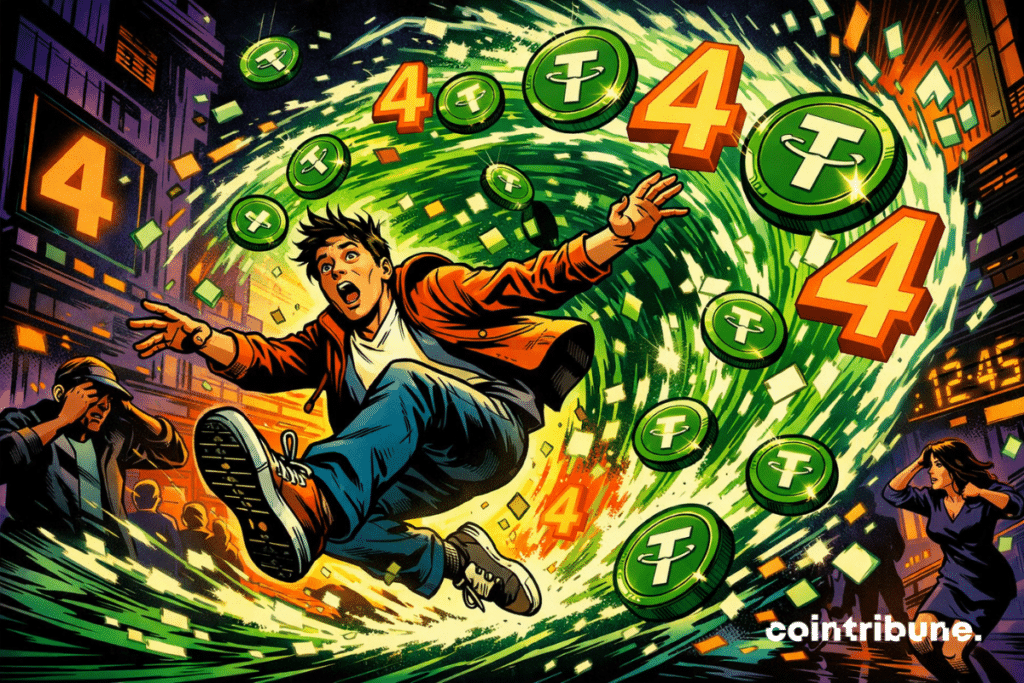 Ilustração dinâmica que retrata um personagem envolvido em um turbilhão de tokens USDT, simbolizando a explosão de atividade on-chain na Tether.