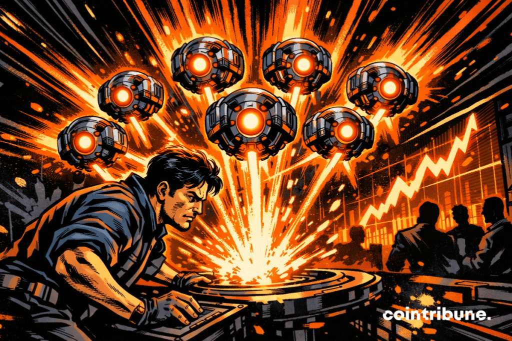 Engineer activates seven glowing AI modules in a Uniswap-powered DeFi lab scene.