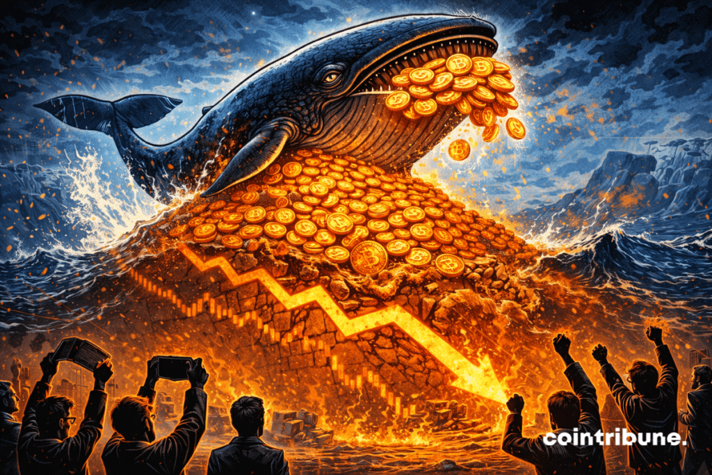 Baleine géante trône sur montagne de bitcoins, marché s’effondre en dessous, investisseurs impuissants lèvent les bras face au bear market.