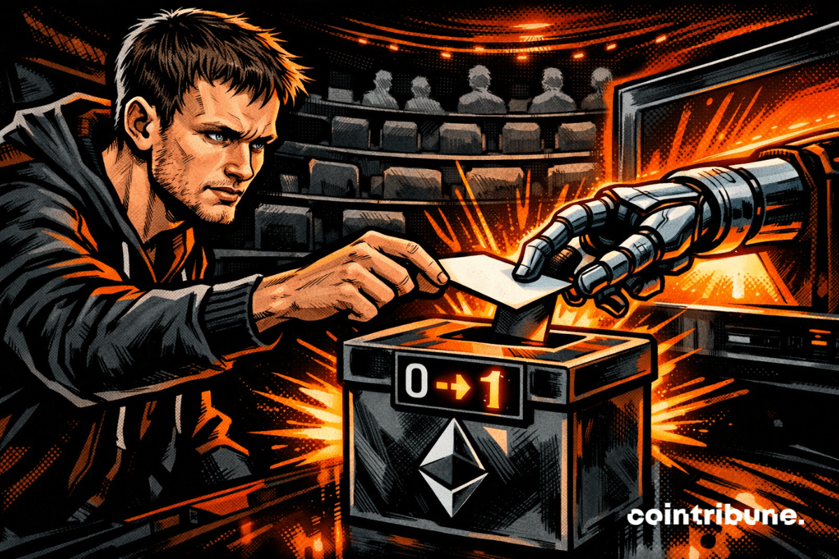 Vitalik hands a ballot to a robotic hand emerging from a screen, in front of an Ethereum ballot box, in an almost empty polling room.