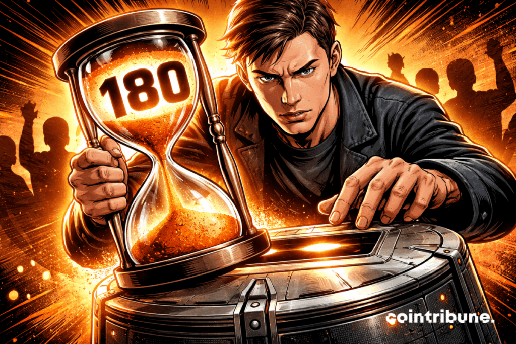 A tense comic-style investor holds a glowing hourglass marked 180 while reaching toward a futuristic ballot box, surrounded by orange light and shadowy voting silhouettes.