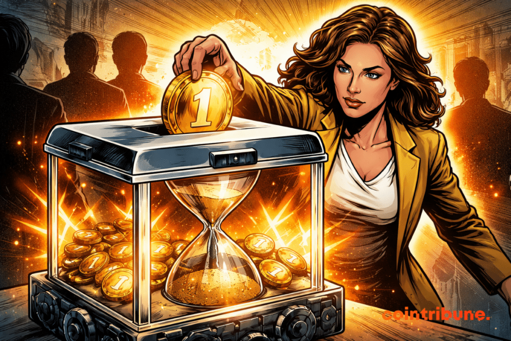 A determined woman in a 1970s comic style drops a glowing coin marked “1” into a futuristic ballot box shaped like an hourglass filled with identical coins, surrounded by intense orange light and shadowy silhouettes.