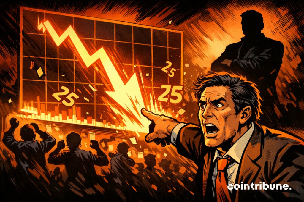 Shocked economist points at a crashing stock chart as traders panic and Warsh watches calmly in the background.