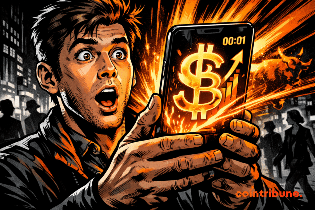 A shocked man stares at his glowing smartphone as a bright orange dollar-Bitcoin symbol and rising chart burst from the screen, forming a subtle bull shape against a dark city backdrop.