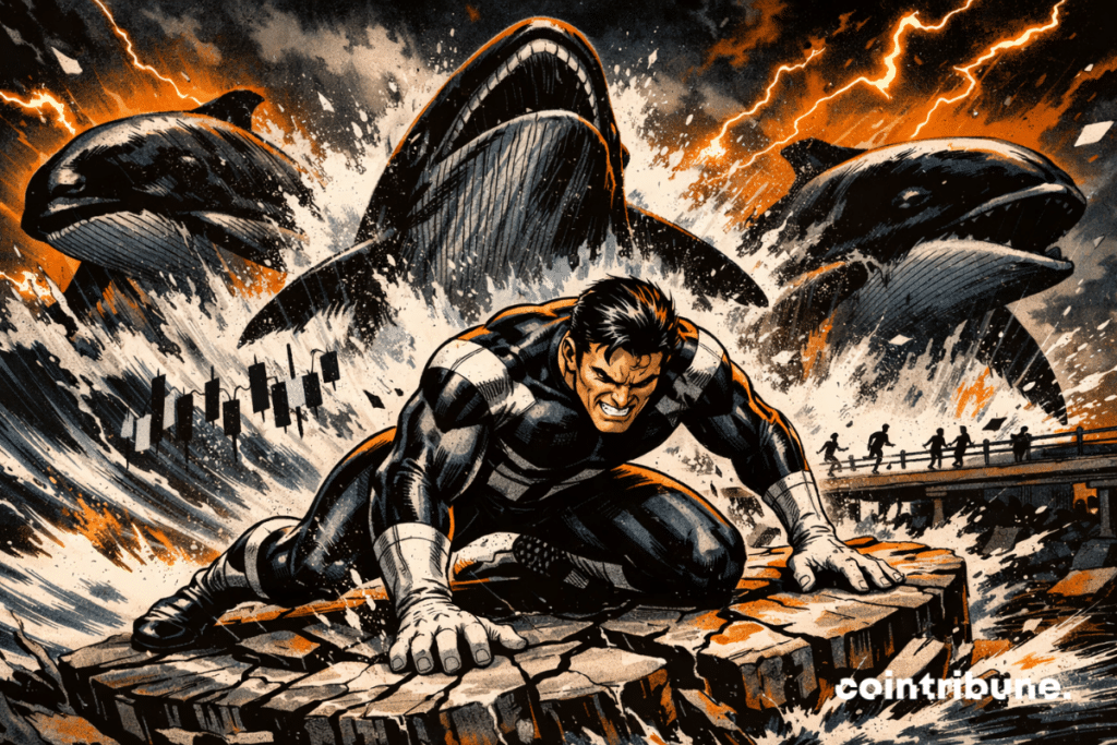 XRP hero struggles on a cracked platform as giant whales crash behind him.
