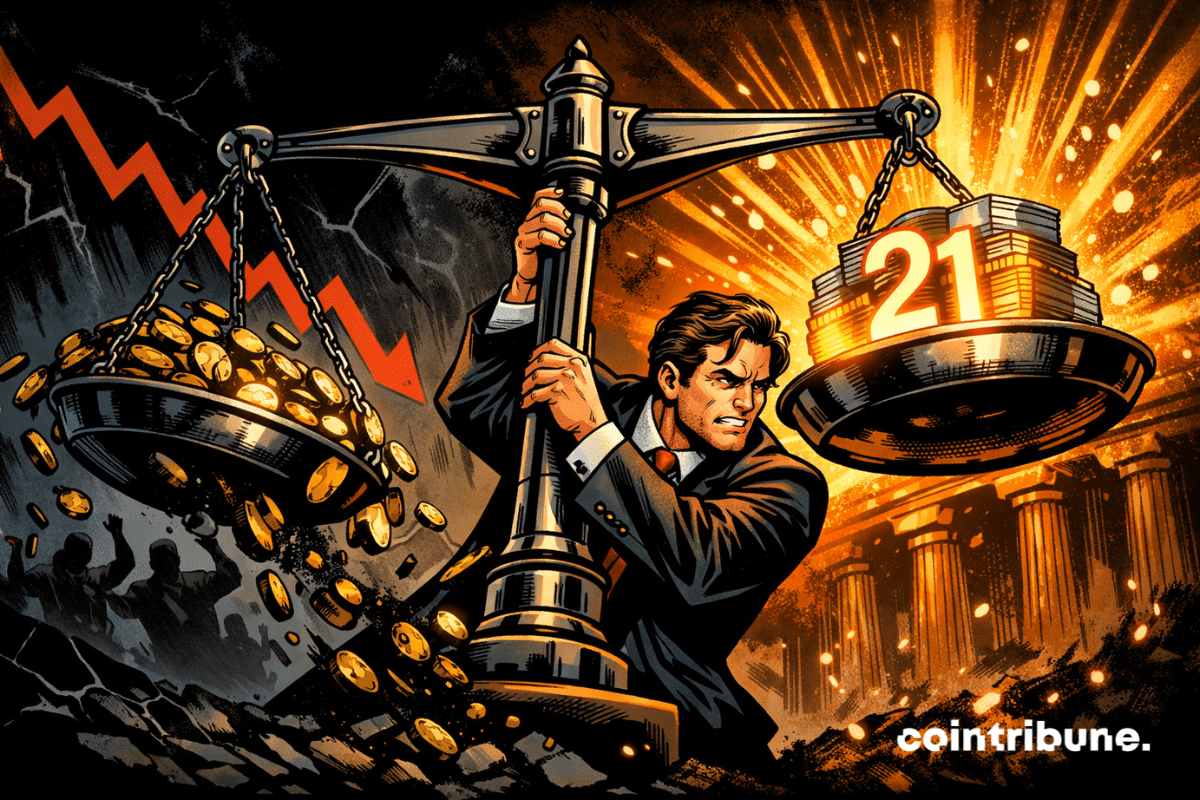 Un analyste soulève une balance qui montre des actifs réels dominant la crypto