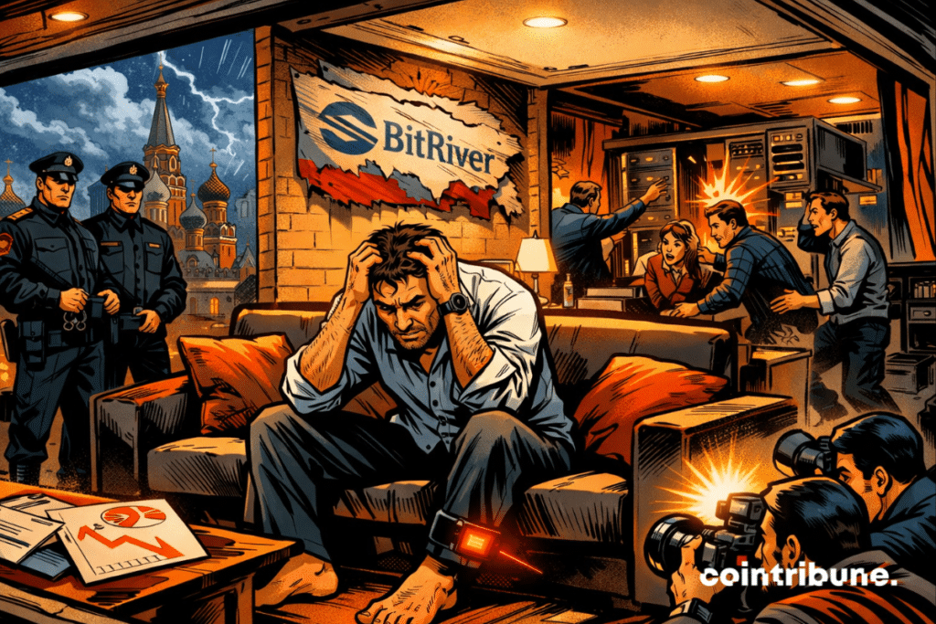Comic-style scene of BitRiver founder under house arrest, surrounded by chaos, police, employees, and media.