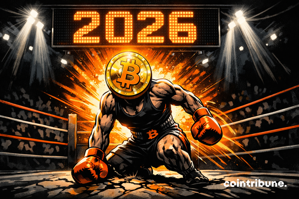 Boxeur Bitcoin se relève, halo orange explosif, ring fissuré, compteur 2026 lumineux, ambiance dramatique, combat intense, espoir puissant.