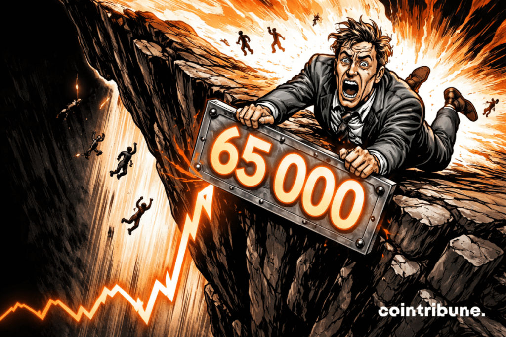 Panicked investors hover at 65,000, the chart cliff collapses, silhouettes fall, and glowing orange dramatizes Bitcoin's capitulation.