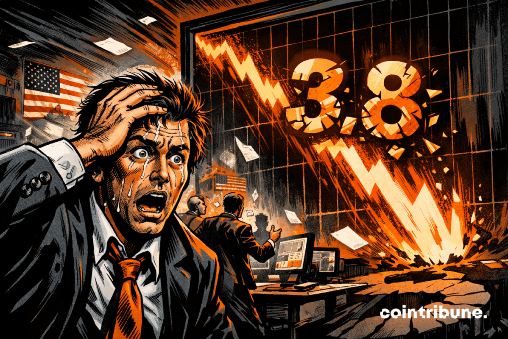 Trader de bitcoin paniqué observe chute brutale graphique 3,8, salle marché chaotique, explosion orange dramatique, style comics années 70 intense.
