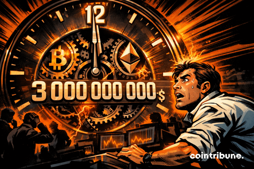 Panicked trader watches giant clock displaying ,000,000,000, Bitcoin Ethereum gears glow under intense dramatic orange lighting.
