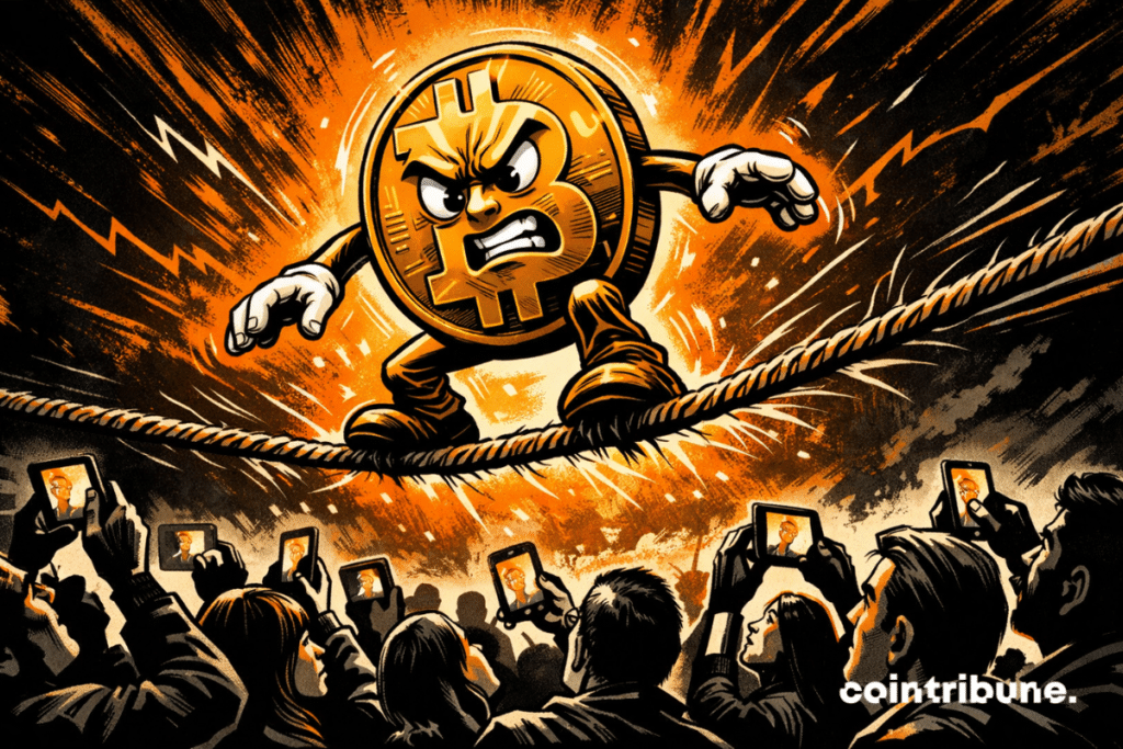 Personified Bitcoin walks a tightrope, surrounded by a fascinated crowd, extreme tension, volatility, captivated gazes, dramatic 1970s comic book energy.