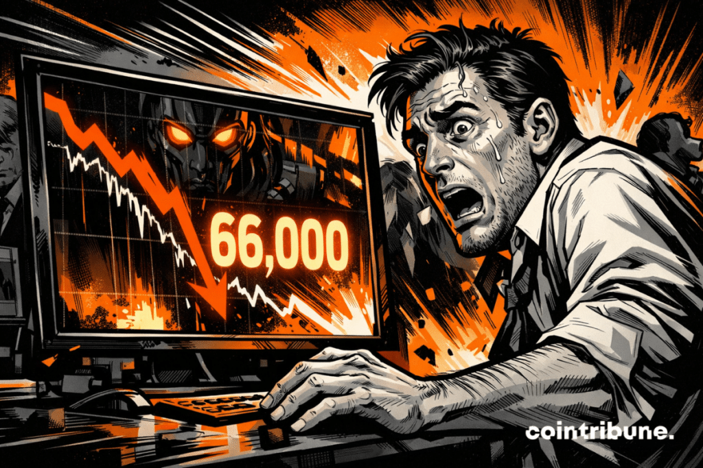 Un comerciante de Bitcoin entra en pánico frente a una pantalla que muestra 66.000 cayendo, reflejo de una IA amenazante, ambiente naranja oscuro, caos en el mercado financiero.