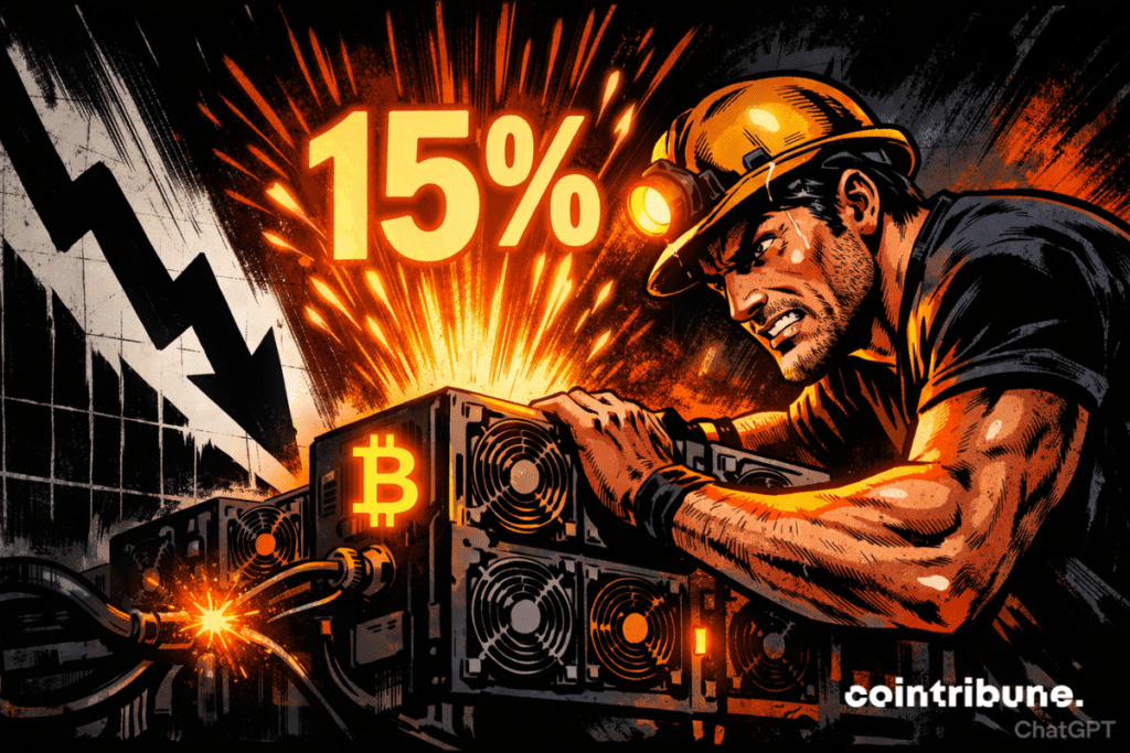 Mineur déterminé ajuste machines Bitcoin incandescentes, tandis qu’un 15% orange explose malgré graphique noir brutalement descendant.