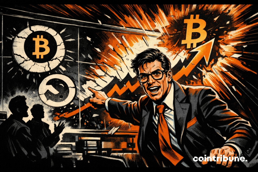 Économiste passionné désigne symbole Bitcoin explosif, flèche ascendante orange, silhouettes stupéfaites, ambiance dramatique comics années 70 contrastée noir blanc.