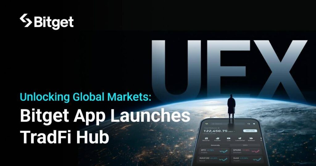 Un smartphone con la app de Bitget muestra mercados financieros mientras la palabra “UEX” aparece sobre el planeta, simbolizando la integración entre cripto y TradFi.