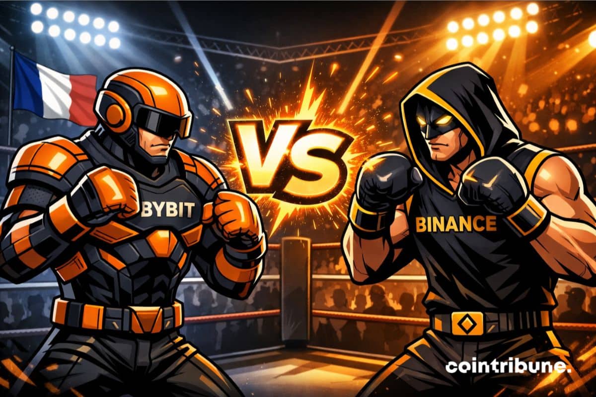 Duel entre Bybit et Binance représenté par deux combattants sur un ring, illustrant la comparaison des plateformes crypto.