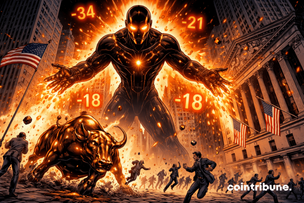 Una gigantesca y llamativa IA Claude de Anthropic domina Wall Street, sembrando el pánico, las cifras negativas y el caos bajo un cielo naranja incandescente.