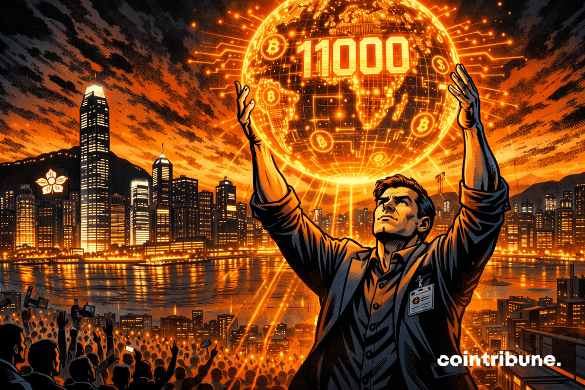 Un homme en costume lève les bras sous une sphère numérique lumineuse affichant le nombre « 11000 » et des symboles Bitcoin, avec la silhouette illuminée de Hong Kong en arrière-plan.
