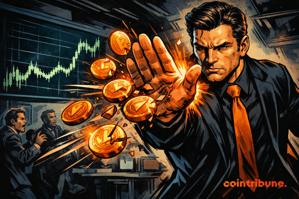 Crypto coins glow bright orange as a stern businessman in a dark suit blocks them mid-air with his raised hand while shocked traders stand before a frozen market chart.