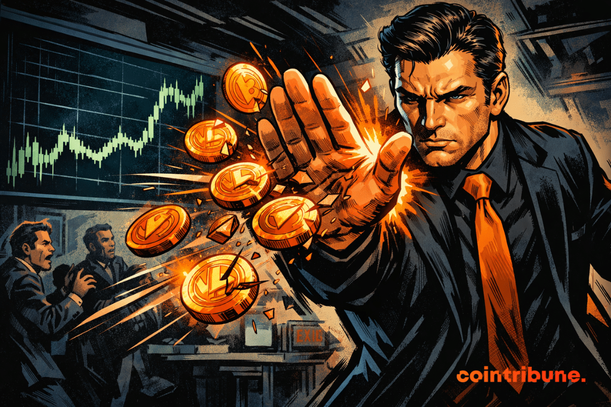 Crypto coins glow bright orange as a stern businessman in a dark suit blocks them mid-air with his raised hand while shocked traders stand before a frozen market chart.