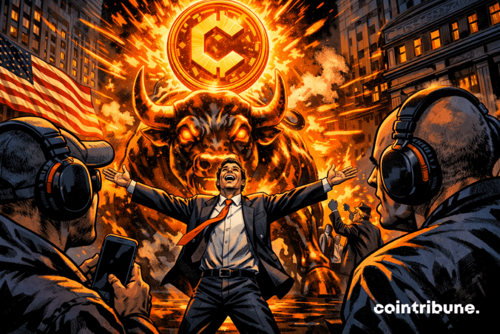 Trader euphorique devant taureau incandescent, crypto flamboyante domine Wall Street, investisseurs casqués ignorent révolution orange explosive.
