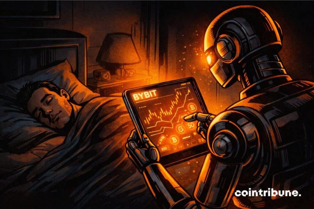 Illustration du bot DCA Bybit automatisant un investissement crypto sur le marché spot.
