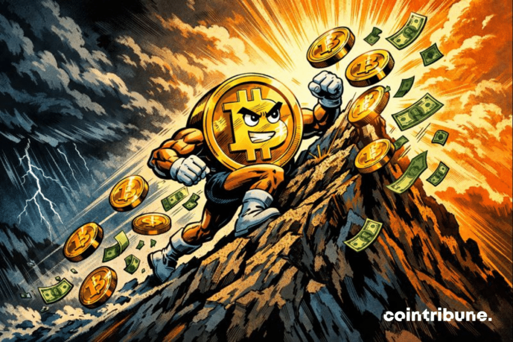 Bitcoin héroïque gravit une montagne, surmontant la chute du marché, entouré de billets et pièces, lumière orange symbolisant reprise et espoir.