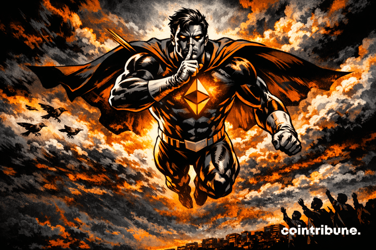 Ethereum superhero suspended in dramatic orange sky, finger to mouth, energy contained, crowd watching, intense silent tension.