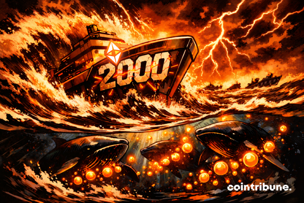 An Ethereum ship battles the waves, whales accumulate glowing tokens