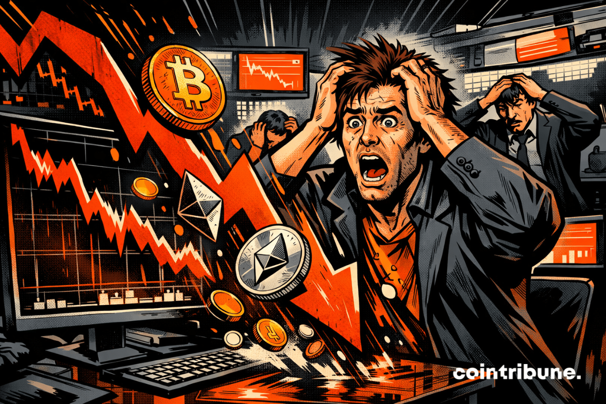 Trader paniqué dans un bureau crypto, graphiques en chute, flèches rouges, symboles Bitcoin et Ethereum tombant, ambiance dramatique, silhouettes inquiètes.