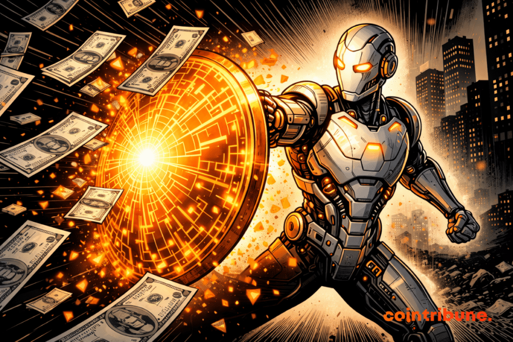 Un robot IA lumineux repousse une pluie d’argent avec un bouclier numérique