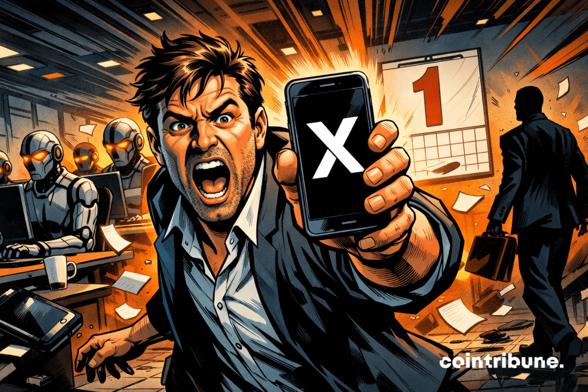 Entrepreneur paniqué brandit smartphone X tandis que robots envahissent open space, calendrier “1” annonce remplacement imminent humain par IA.