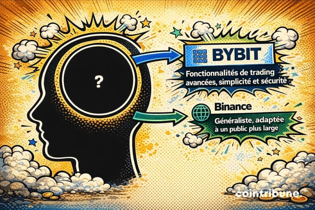 Comparatif Bybit vs Binance mettant en avant les fonctionnalités de trading avancées de Bybit face au positionnement généraliste de Binance