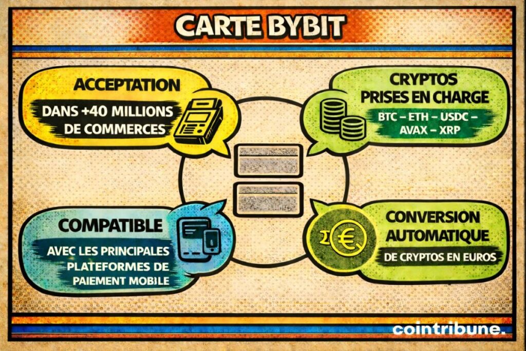 Carte crypto Bybit acceptée dans 40 millions de commerces avec conversion automatique en euros et cryptos prises en charge BTC ETH USDC AVAX XRP