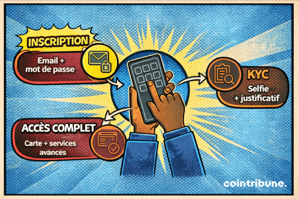 Processus d’inscription Bybit avec création de compte par email, vérification KYC selfie et justificatif, puis accès complet aux services